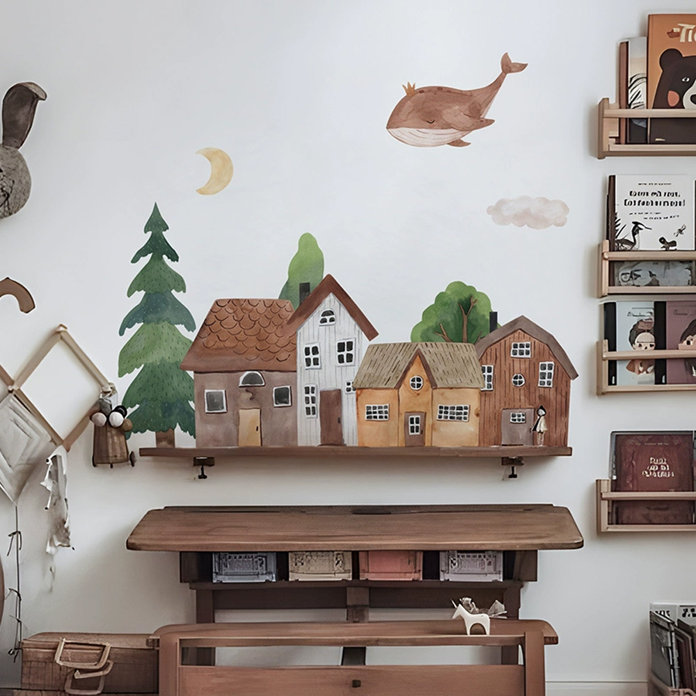 Baby Nursery Wall Mural - Tessuto Cartoon Forest Vintage Town Wall